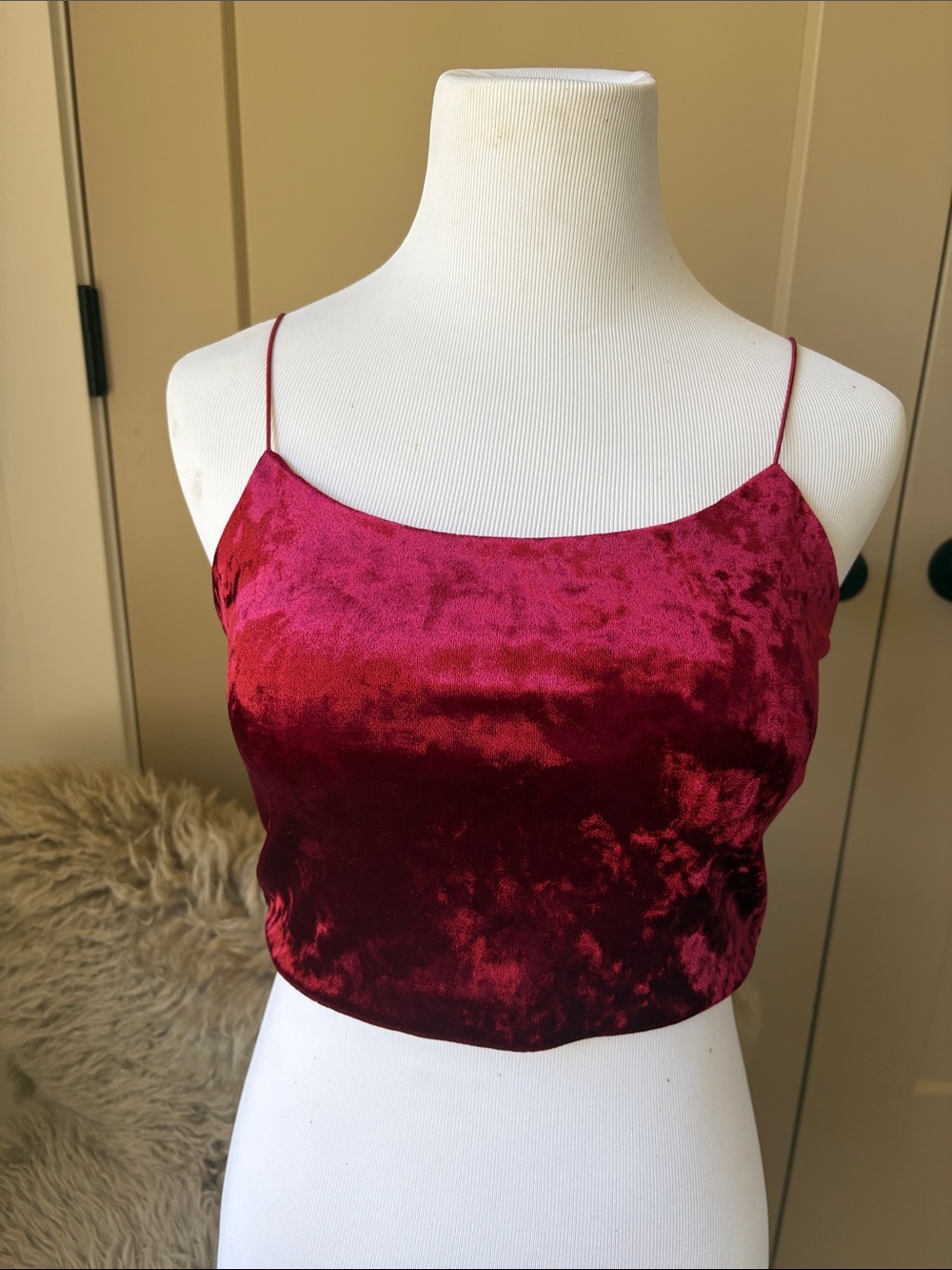 Garage Velvet Spaghetti Strap Crop Top - Wine Red